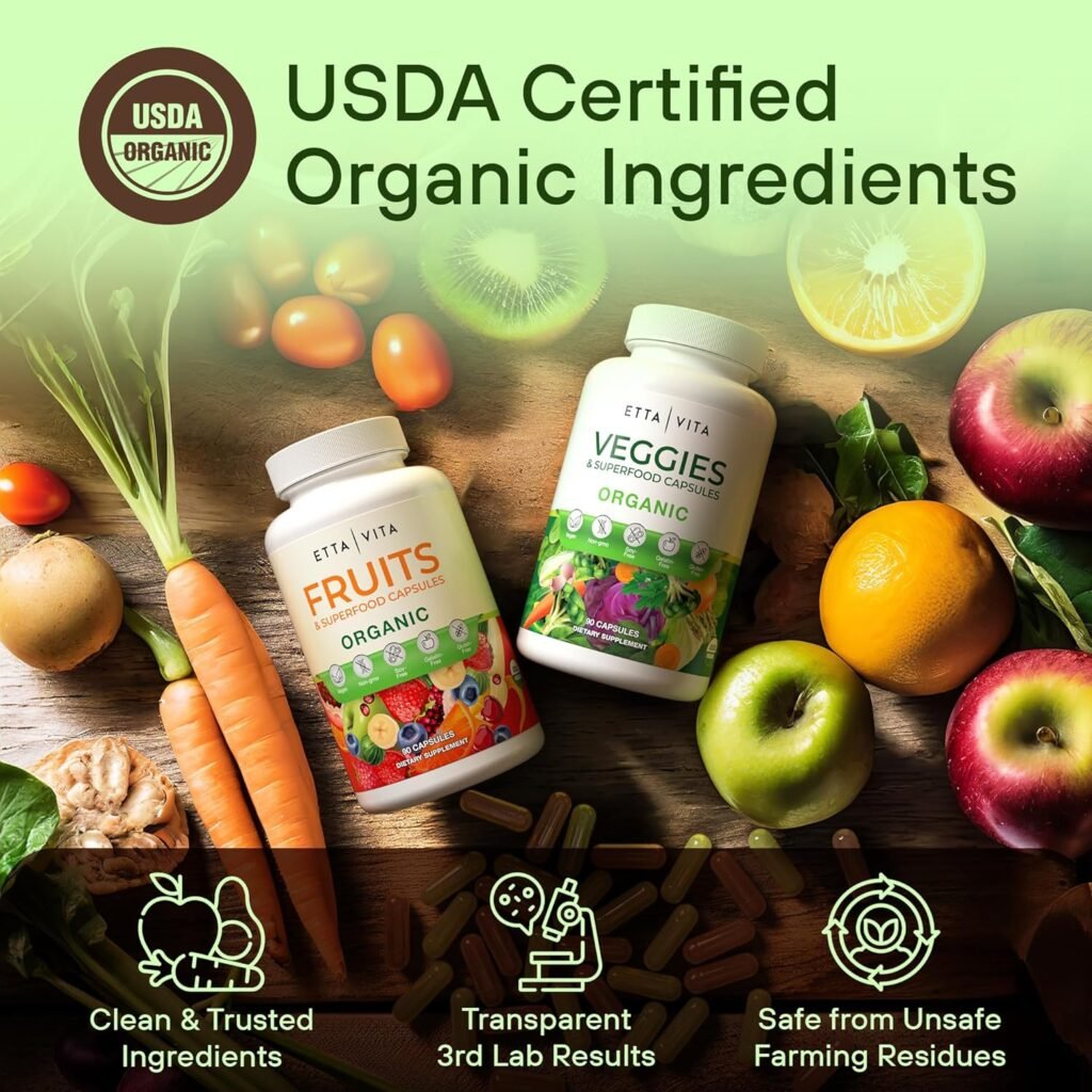 100% Organic Fruits and Veggies Supplement (USDA Organic - Made in USA) 180 Potent Fruits and Vegetable Capsules for Energy Boost  Daily Fruit and Vegetable Vitamins - Vegan, Non-GMO, Gluten-Free