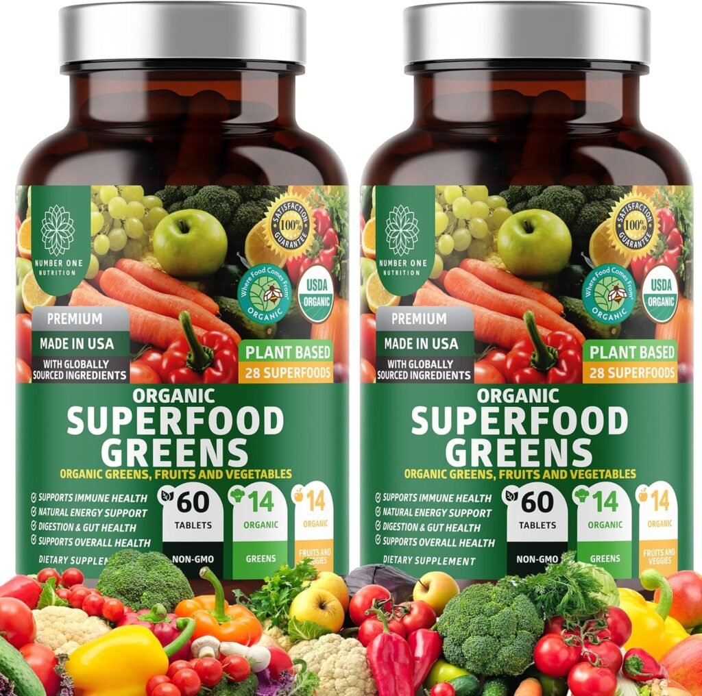 2-Pack N1N Premium Organic Green Superfood, Fruits  Veggies [28 Powerful Ingredients] Natural Supplement with Alfalfa, Beet Root  Tart Cherry for Energy, Immunity, Digestion, Made in USA, 120 Ct