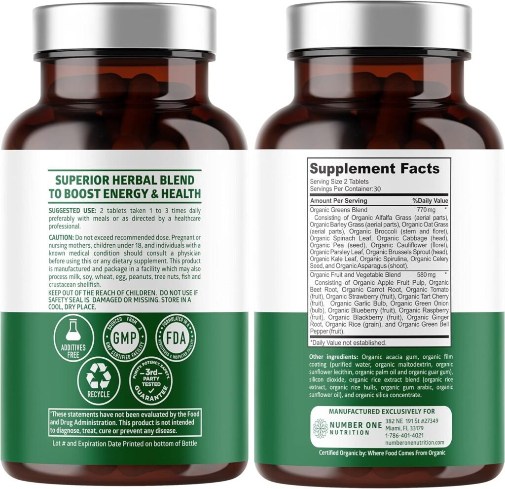 2-Pack N1N Premium Organic Green Superfood, Fruits  Veggies [28 Powerful Ingredients] Natural Supplement with Alfalfa, Beet Root  Tart Cherry for Energy, Immunity, Digestion, Made in USA, 120 Ct