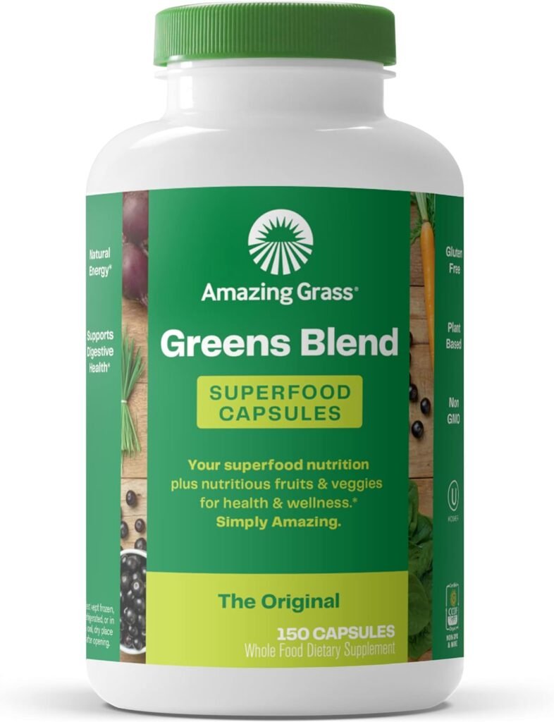 Amazing Grass Greens Blend Superfood Capsules: Super Greens with Organic Spirulina, Chlorella, Beet Root Powder, Digestive Enzymes  Probiotics, 150 Capsules (Packaging May Vary)