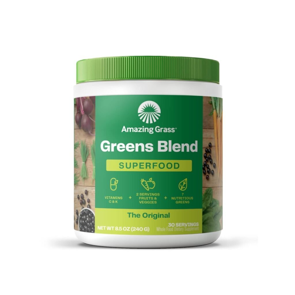 Amazing Grass Greens Blend Superfood: Super Greens Powder Smoothie Mix for Boost Energy ,with Organic Spirulina, Chlorella, Beet Root Powder, Digestive Enzymes  Probiotics, Original, 30 Servings