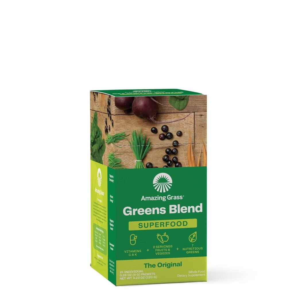 Amazing Grass Greens Blend Superfood: Super Greens Powder Smoothie Mix for Boost Energy ,with Organic Spirulina, Chlorella, Beet Root Powder, Digestive Enzymes  Probiotics, Original, 30 Servings