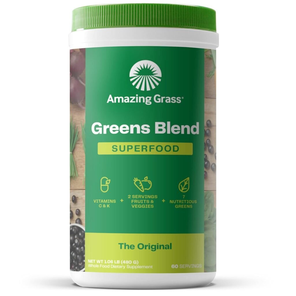 Amazing Grass Greens Blend Superfood: Super Greens Powder Smoothie Mix for Boost Energy ,with Organic Spirulina, Chlorella, Beet Root Powder, Digestive Enzymes  Probiotics, Original, 60 Servings