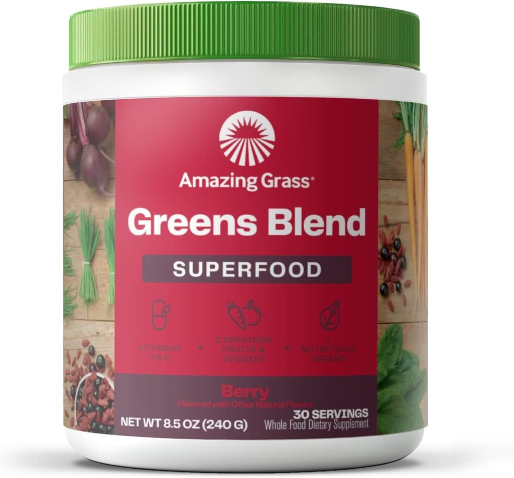 Amazing Grass Greens Blend Superfood: Super Greens Powder Smoothie Mix with Organic Spirulina, Chlorella, Beet Root Powder, Digestive Enzymes, Prebiotics  Probiotics, Berry, 30 Servings