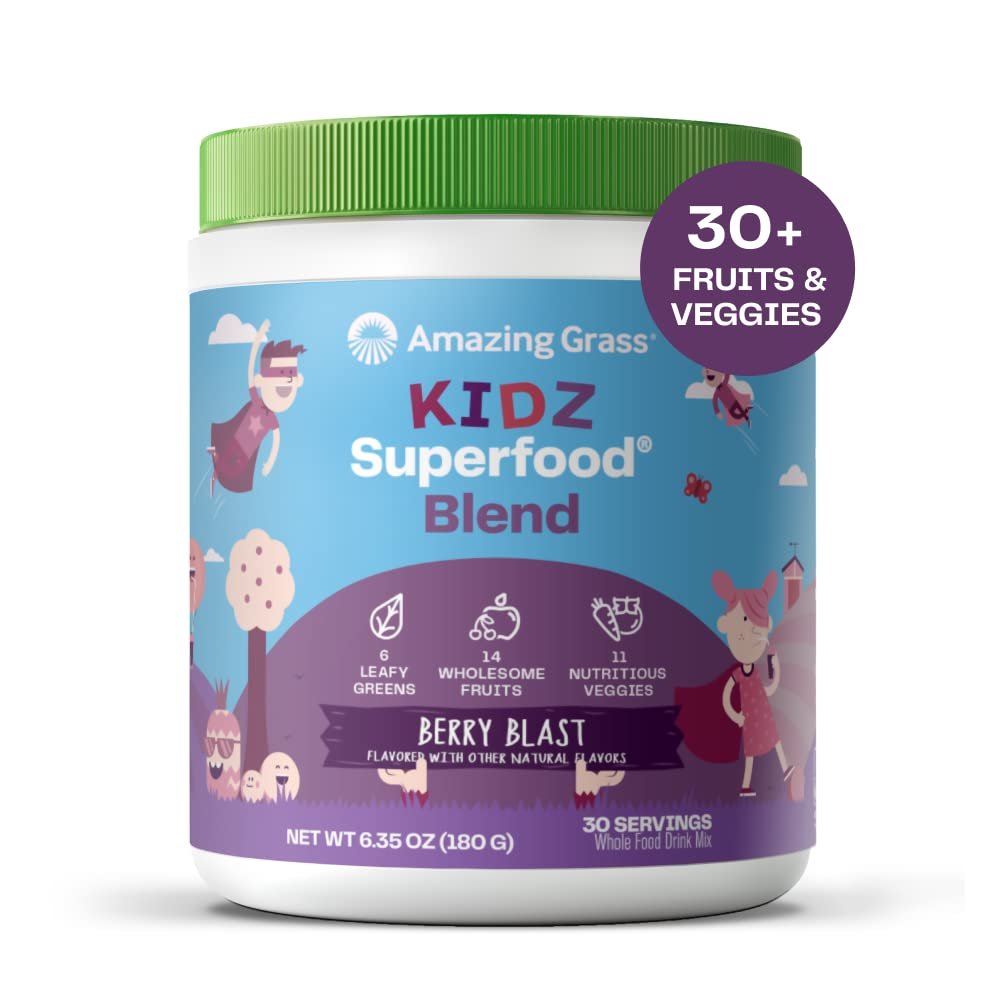 Amazing Grass Kidz Superfood: Organic Greens, Fruits, Veggies, Beet Root Powder  Probiotics for Healthy Kids, Berry Blast, 30 Servings