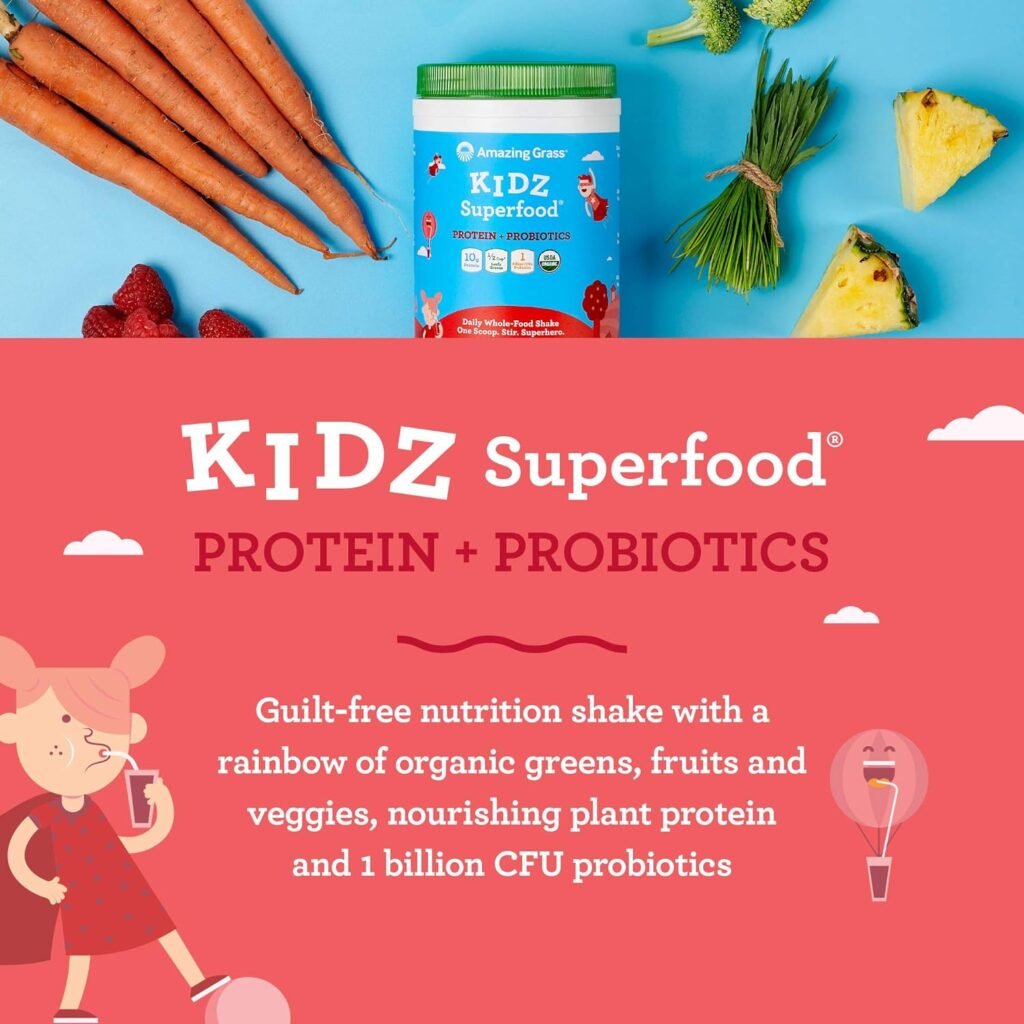 Amazing Grass Kidz Superfood: Organic Greens, Fruits, Veggies, Beet Root Powder  Probiotics for Healthy Kids, Berry Blast, 30 Servings