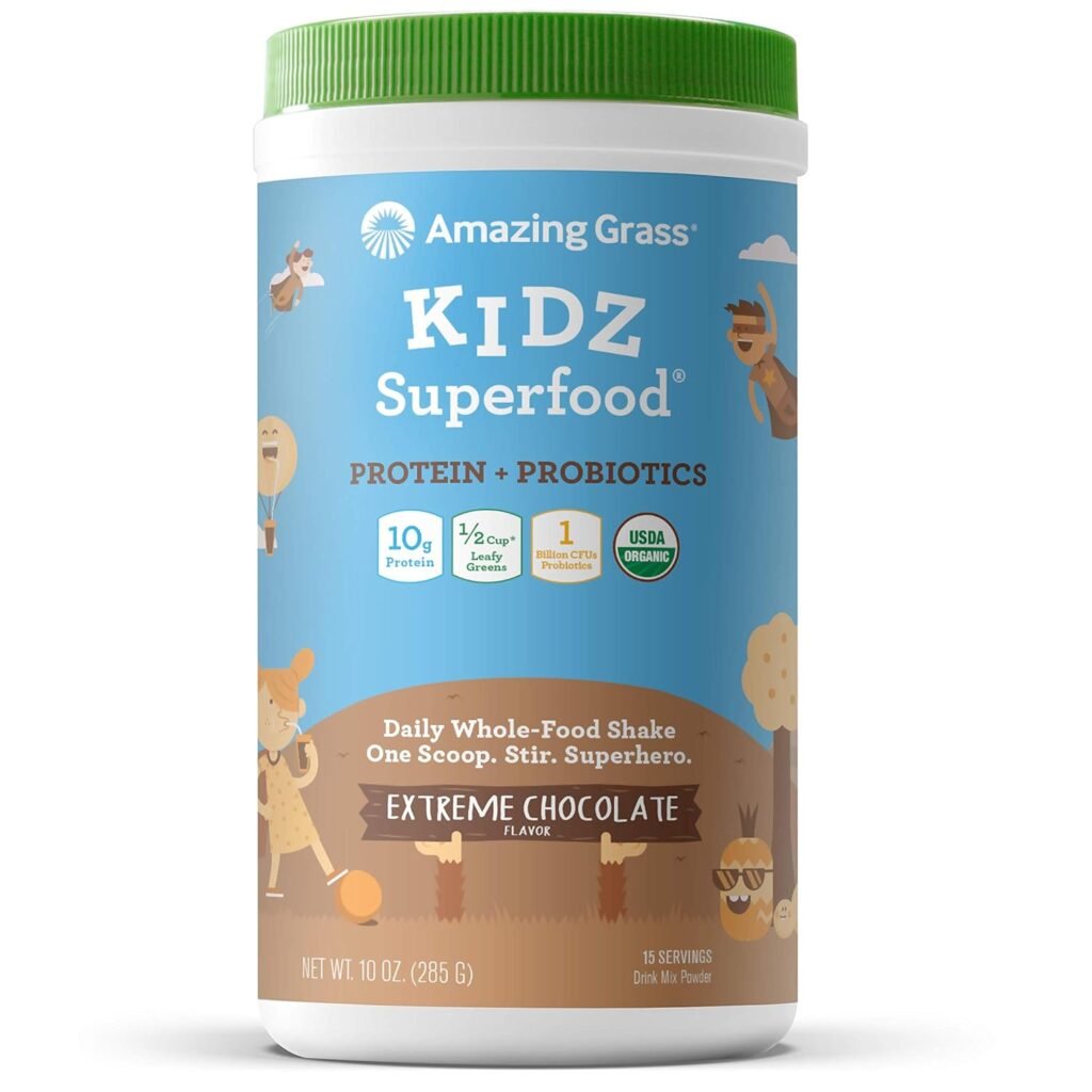 Amazing Grass Kidz Superfood: Organic Greens, Fruits, Veggies, Beet Root Powder  Probiotics for Healthy Kids, Berry Blast, 30 Servings