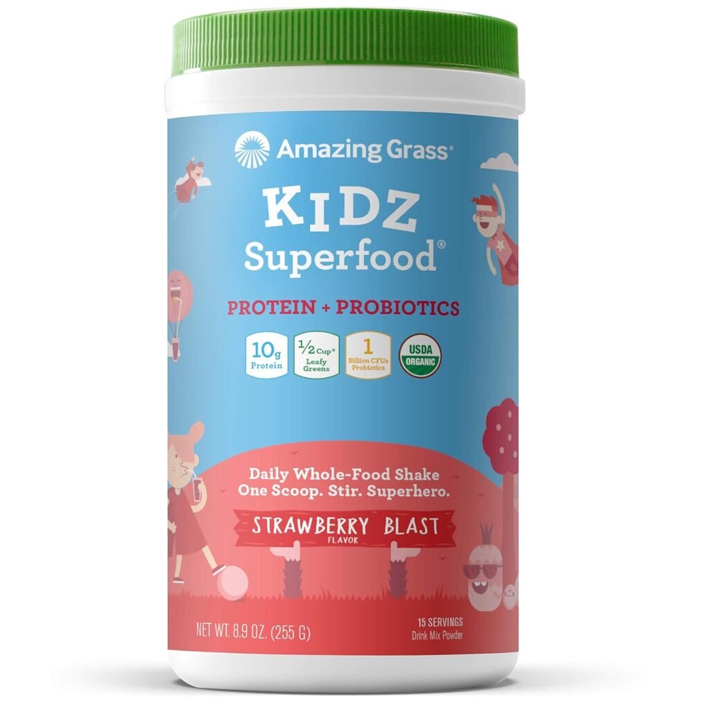 Amazing Grass Kidz Superfood: Vegan Protein  Probiotics for Kids with Beet Root Powder  1/2 Cup of Leafy Greens, Strawberry Blast, 15 Servings