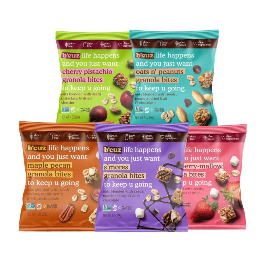 Bcuz Granola Bites 16-Bag Gluten Free Healthy Snacks for Adults, Healthy Granola Gluten Free Snack - Kosher Snacks for Kids, Vegan Snack, Individually Wrapped Snack Packs - 1 oz (Variety Pack (16-Bags))