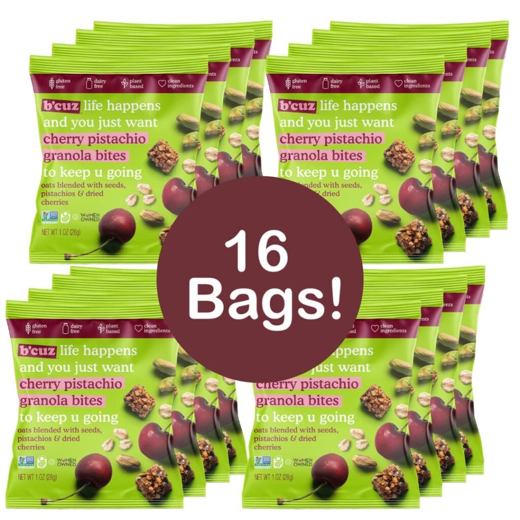 Bcuz Granola Bites 16-Bag Gluten Free Healthy Snacks for Adults, Healthy Granola Gluten Free Snack - Kosher Snacks for Kids, Vegan Snack, Individually Wrapped Snack Packs - 1 oz (Variety Pack (16-Bags))