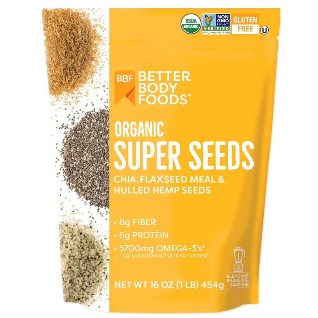 BetterBody Foods Superfood Organic Super Seeds - Blend of Organic Chia Seeds, Milled Flax Seed, Hemp Hearts, Add to Smoothies Shakes  More, 1lb, 16 oz