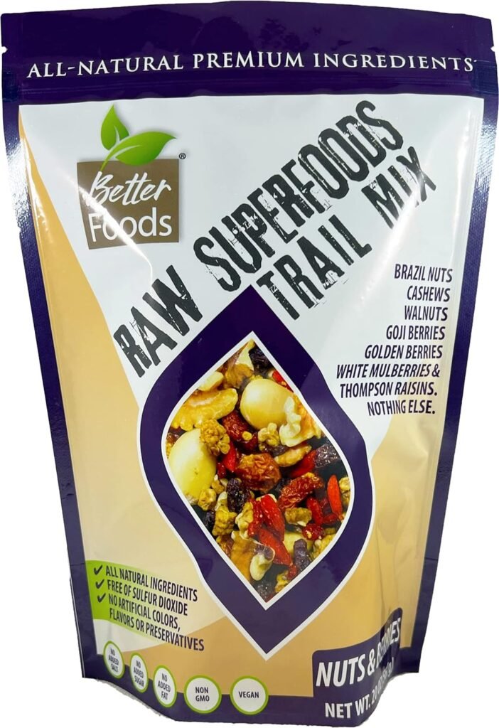 BetterFoods Raw Superfoods Trail Mix - Nuts  Berries | Vegan, Non-GMO, Gluten  Soy Free, No Added Salt/Sugar | Thompson Raisins, Walnuts, Mulberries, Brazil Nuts, Cashews, Goji  Golden Berries, 20oz