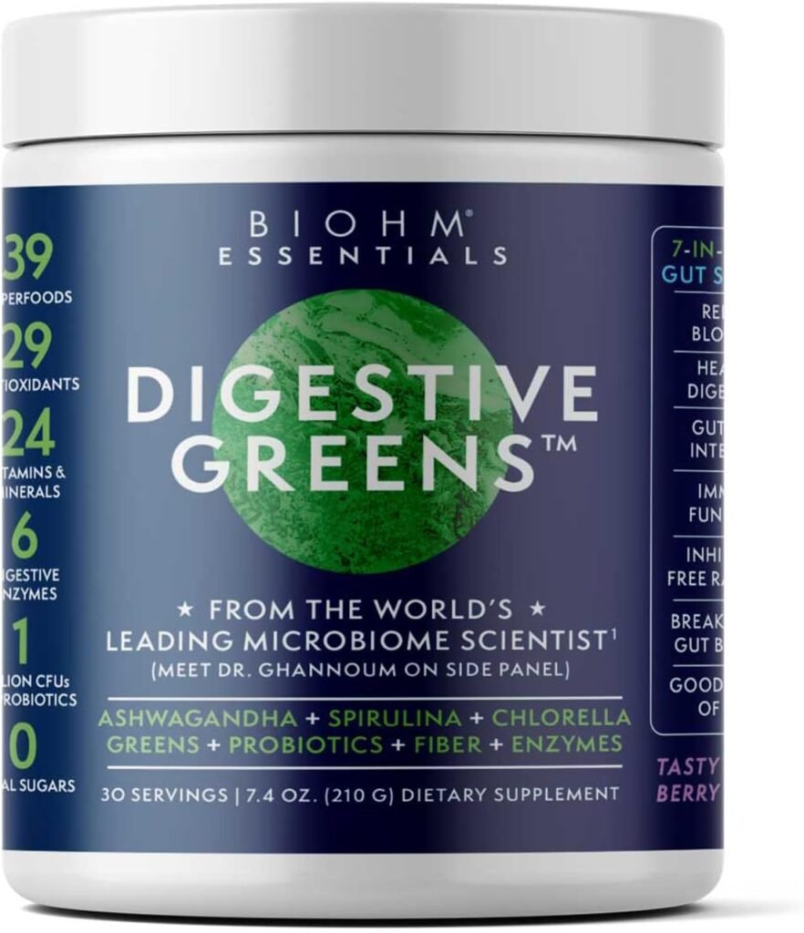 BIOHM Essential Digestive Greens, Green Superfood Powder with Antioxidants, Vitamins, and Probiotics, Super Greens, Digestion Supplement with Enzymes, Ashwagandha, Spirulina, Chlorella, Berry Flavor