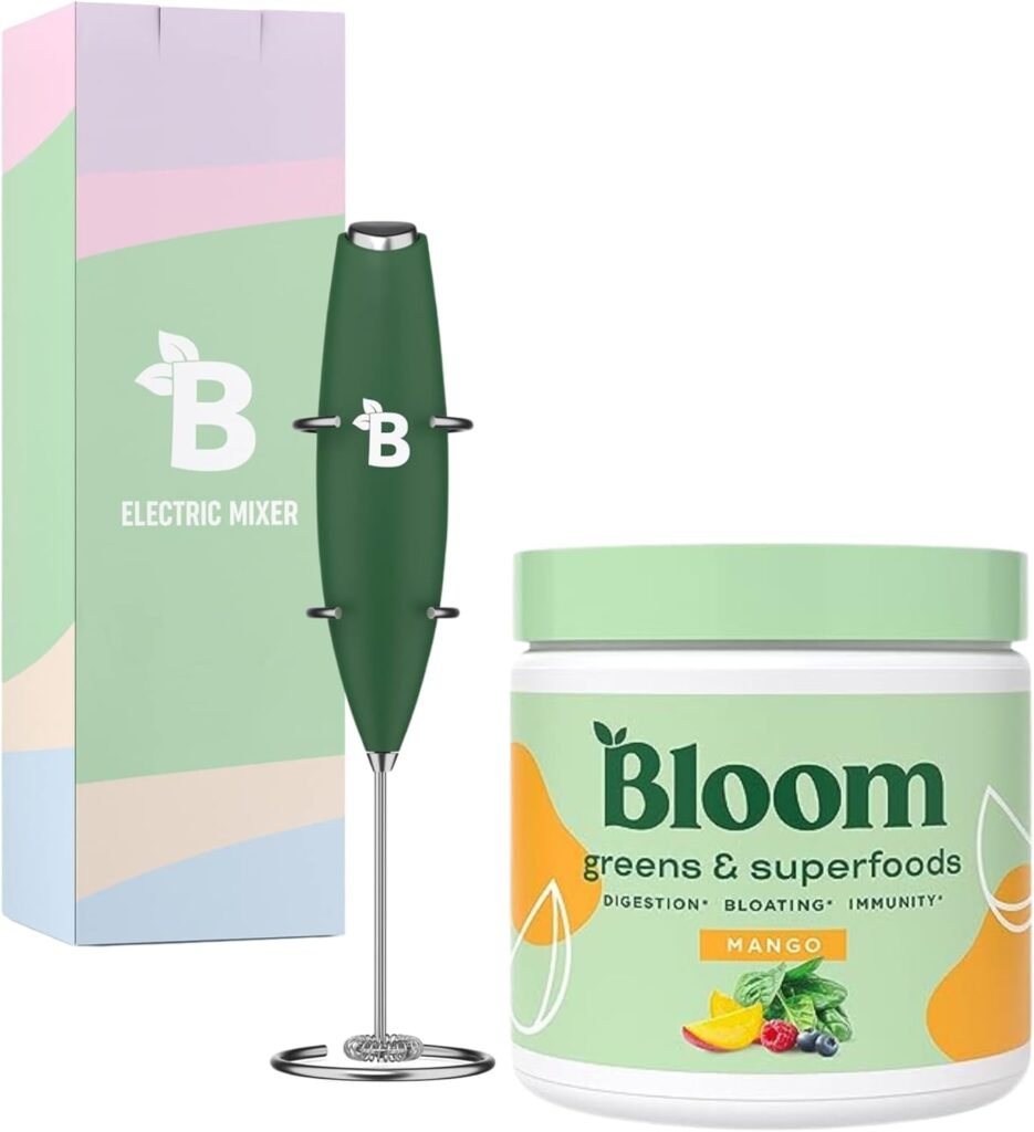 Bloom Nutrition Super Greens Powder Smoothie and Juice Mix, Probiotics for Digestive Health  Bloating Relief for Women, Mango + Milk Frother High Powered Hand Mixer