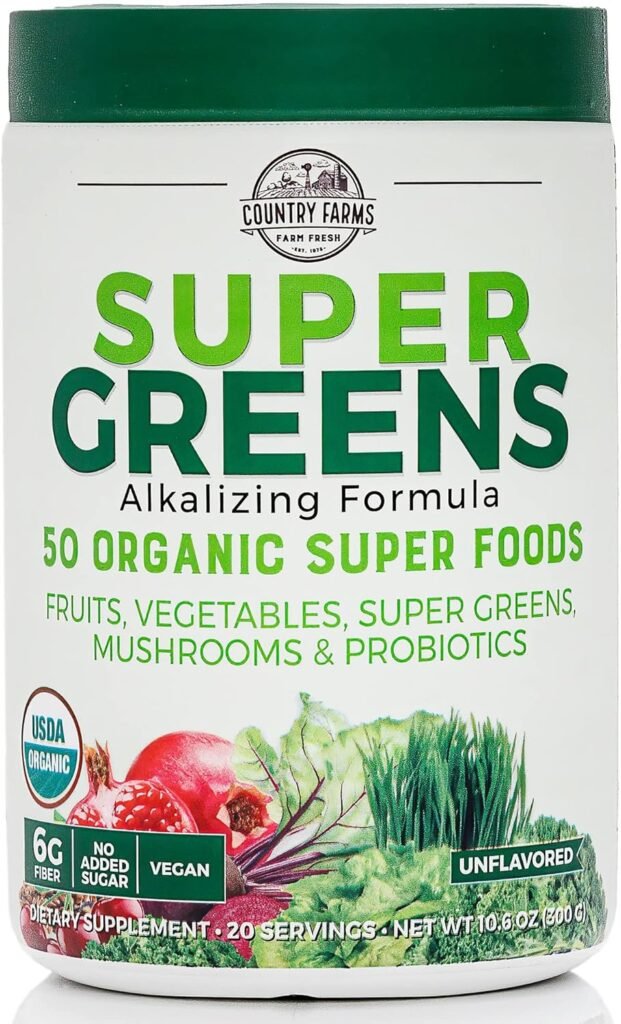 Country Farms Super Greens Natural Flavor, 50 Organic Super Foods, USDA Organic Drink Mix, Fruits, Vegetables, Super Greens, Mushrooms  Probiotics, Supports Energy, 20 Servings, 10.6 Oz