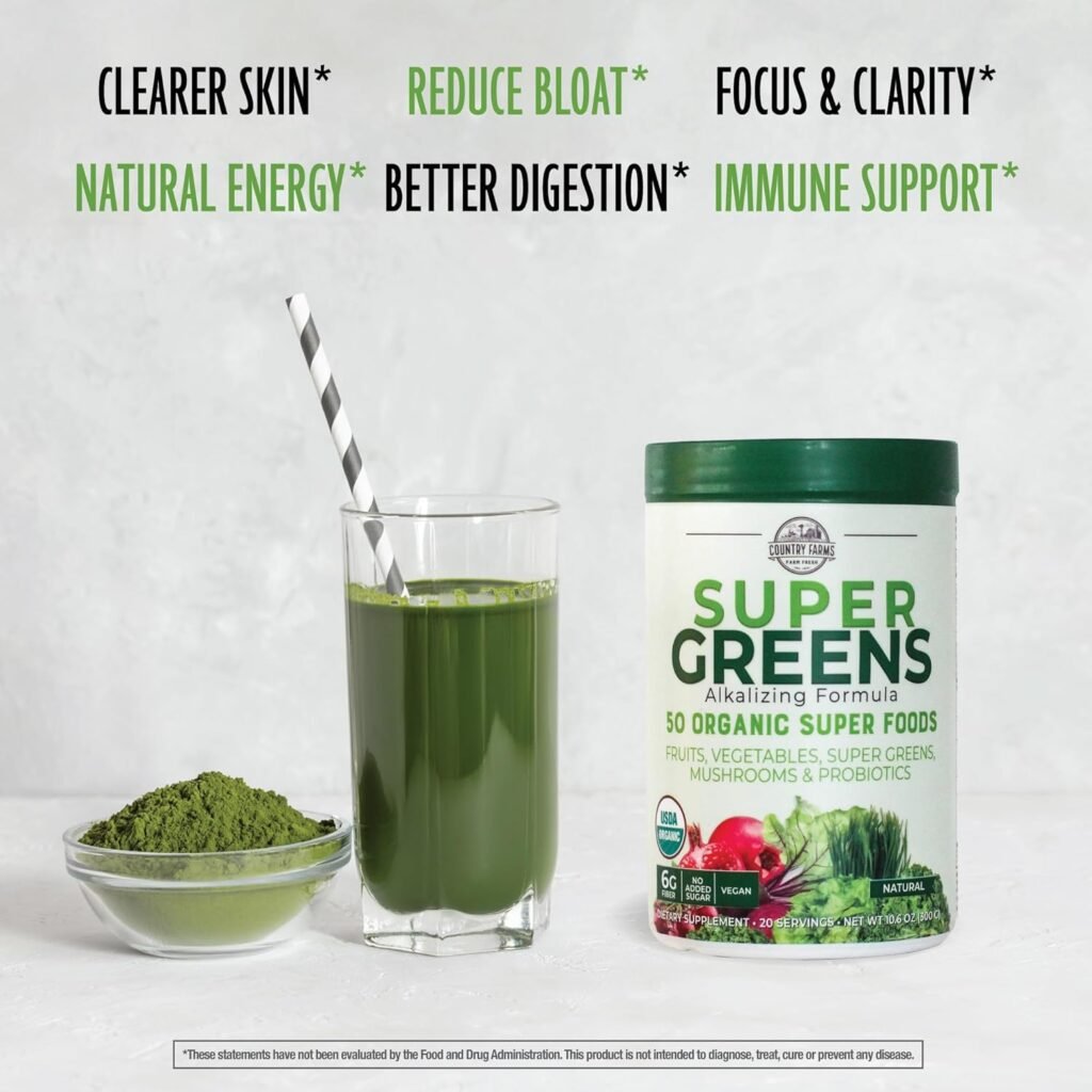 Country Farms Super Greens Natural Flavor, 50 Organic Super Foods, USDA Organic Drink Mix, Fruits, Vegetables, Super Greens, Mushrooms  Probiotics, Supports Energy, 20 Servings, 10.6 Oz