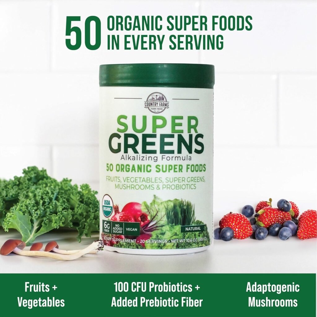 Country Farms Super Greens Natural Flavor, 50 Organic Super Foods, USDA Organic Drink Mix, Fruits, Vegetables, Super Greens, Mushrooms  Probiotics, Supports Energy, 20 Servings, 10.6 Oz