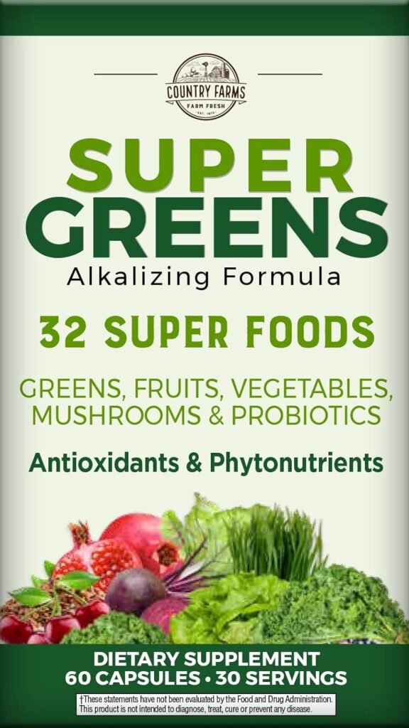 COUNTRY FARMS Super Greens Vegicaps, 32 Super Foods, Whole Food Supplement, Greens, Fruit, Vegetables, Mushrooms  Probiotics, Rich in Antioxidants  Phytonutrients, 60 Count, 30 Servings