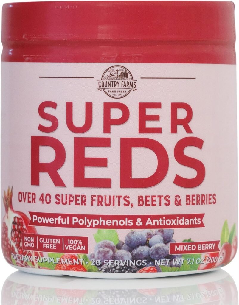 COUNTRY FARMS Super Reds, Energizing Polyphenol Superfood, 48 Super Fruits and Berries, Powerful Antioxidants and Polyphenols, Supports Energy, 20 Servings, Mixed Berry Flavor