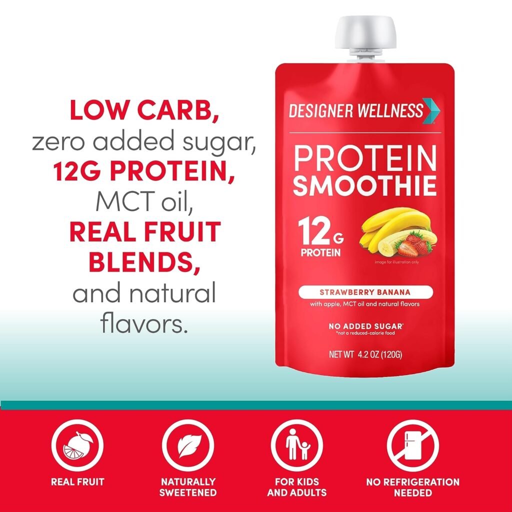 Designer Wellness Protein Smoothie, Real Fruit, 12g Protein, Low Carb, Zero Added Sugar, Gluten-Free, Non-GMO, No Artificial Colors or Flavors, Variety Pack, 12 Count