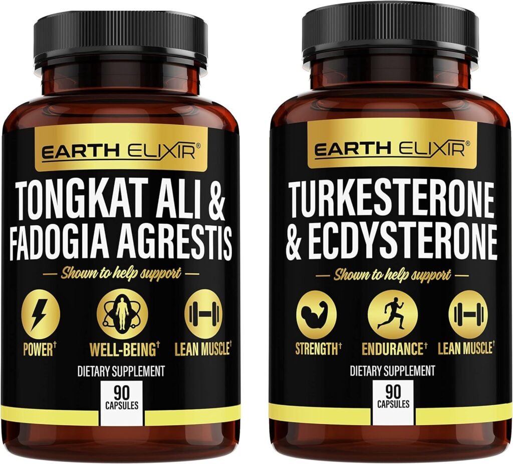 Earth Elixir Fadogia Agrestis 600mg and Tongkat Ali 500mg + Turkesterone1200mg and Ecdysterone 1000mg Supplments (90 Capsules) Bundle