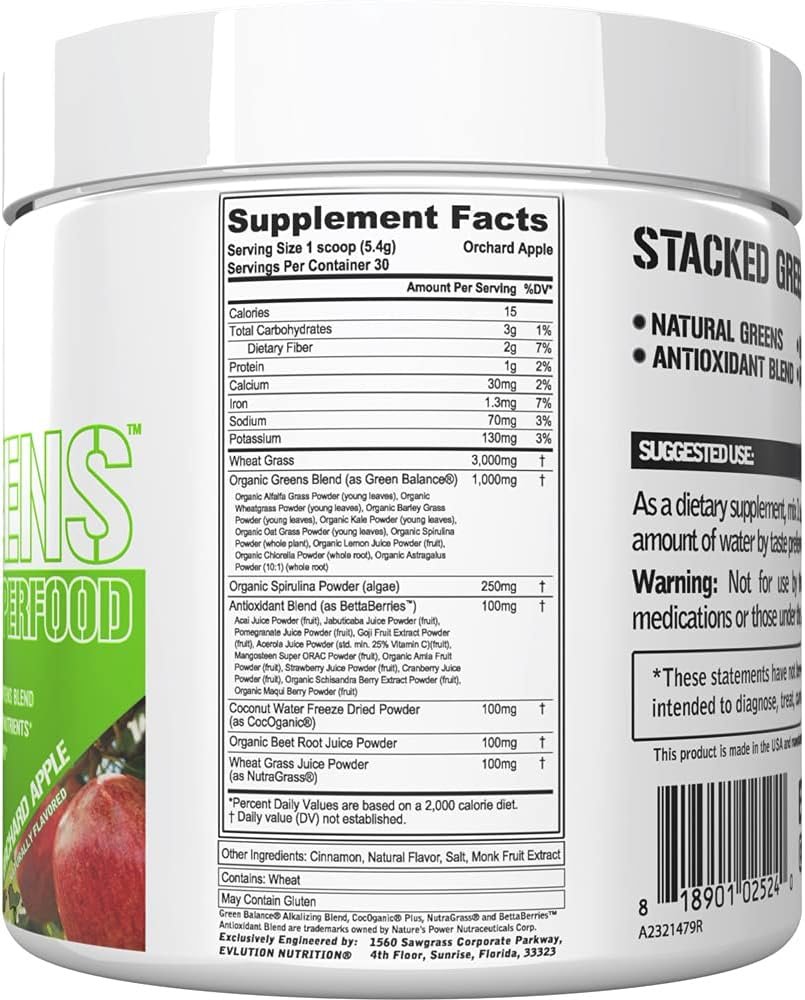 Evlution Nutrition Stacked Greens Raw Superfood, Vegan, Gluten-Free, 30 Servings (Orchard Apple V2)