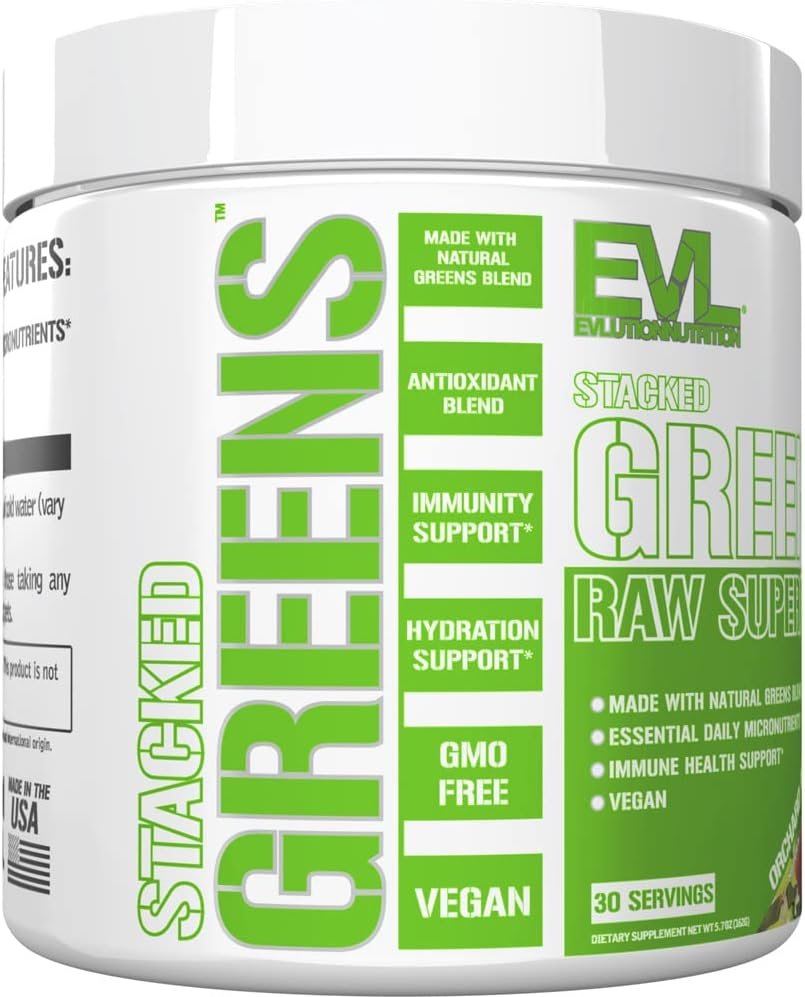 Evlution Nutrition Stacked Greens Raw Superfood, Vegan, Gluten-Free, 30 Servings (Orchard Apple V2)