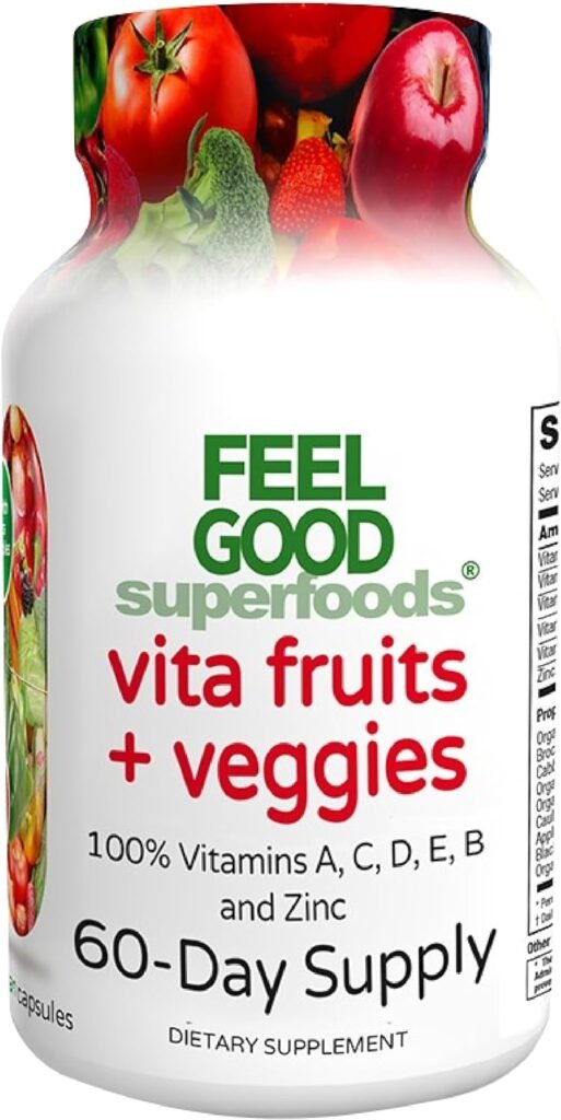 FeelGood Superfoods Vita Fruits and Veggies Dietary Supplement Capsules Made from 25 Superfood Ingredients, Fruit and Vegetable Multivitamin, 60 Count