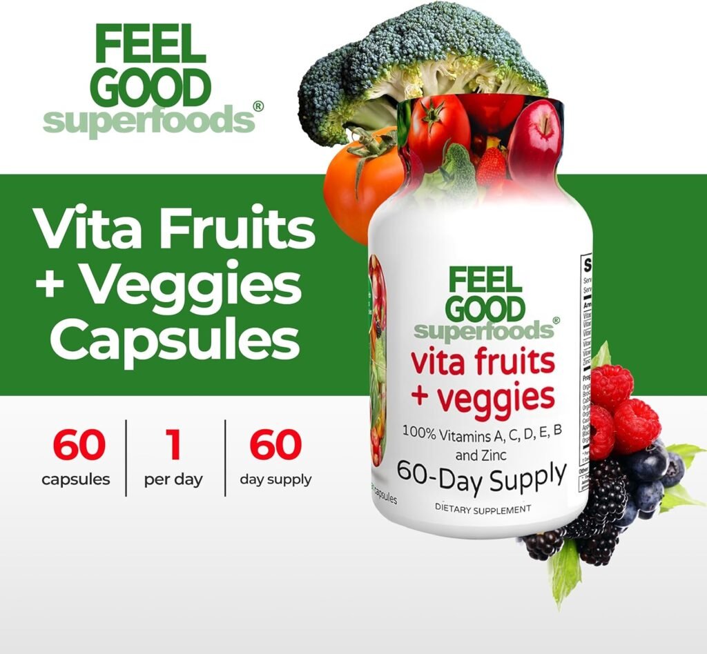 FeelGood Superfoods Vita Fruits and Veggies Dietary Supplement Capsules Made from 25 Superfood Ingredients, Fruit and Vegetable Multivitamin, 60 Count