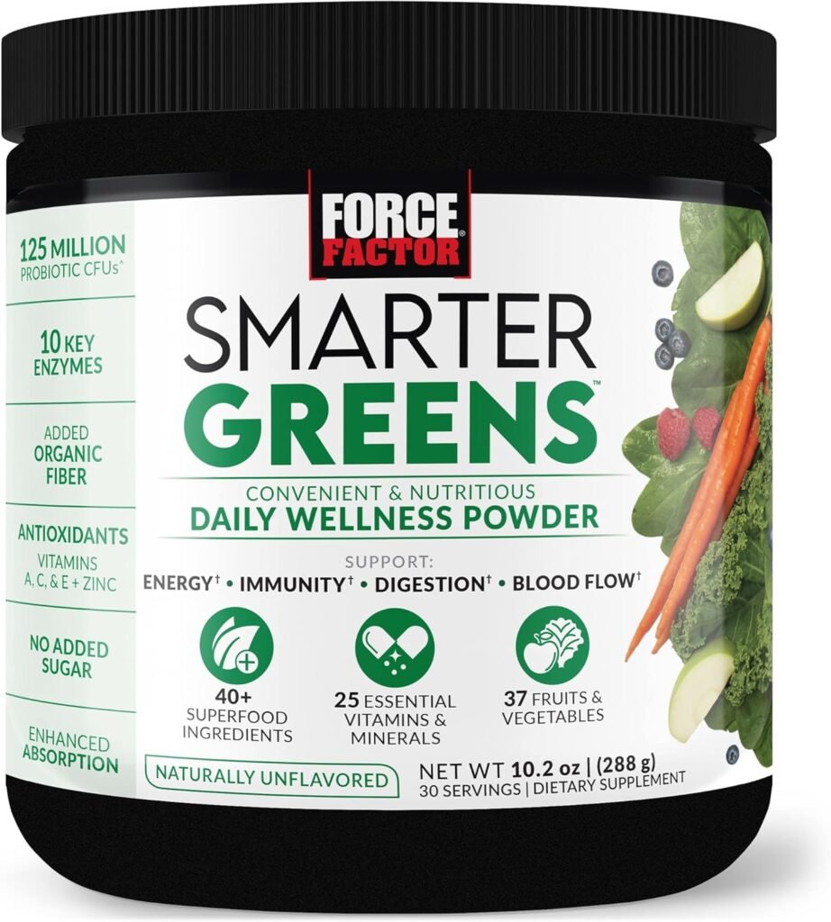 FORCE FACTOR Smarter Greens Daily Wellness Powder to Support Energy, Immunity  Digestion, Greens Powder, Superfood Powder with Vitamins, Minerals, and Probiotics, Naturally Unflavored, 30 Servings