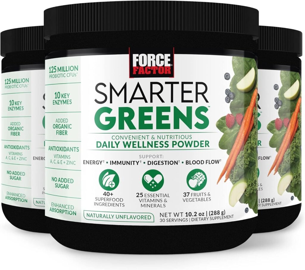 FORCE FACTOR Smarter Greens Daily Wellness Powder to Support Energy, Immunity  Digestion, Greens Powder, Superfood Powder with Vitamins, Minerals, and Probiotics, Naturally Unflavored, 30 Servings