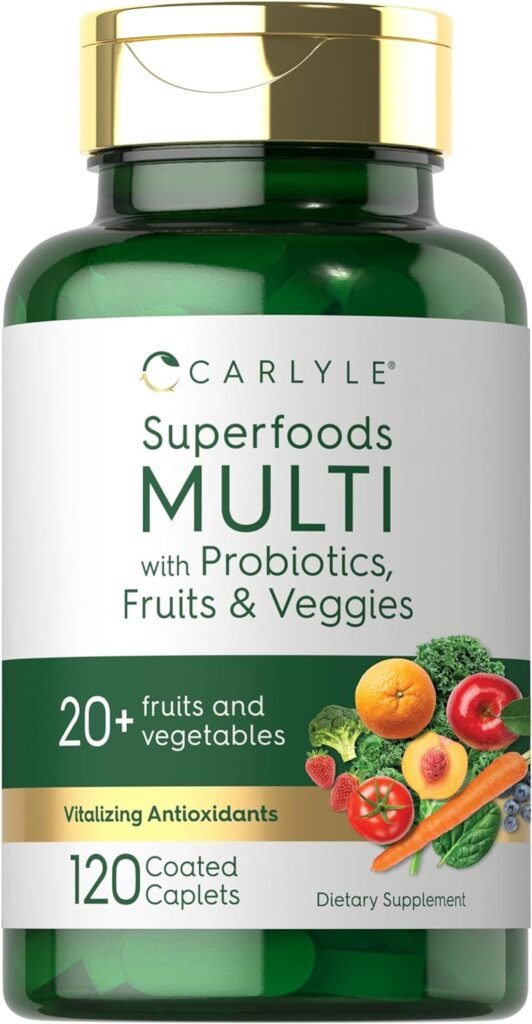 Fruits and Veggies Supplement | 120 Count | Superfood Multivitamin with Probiotics | Made with 20 Fruits and Vegetables | Non-GMO  Gluten Free Supplement | by Carlyle