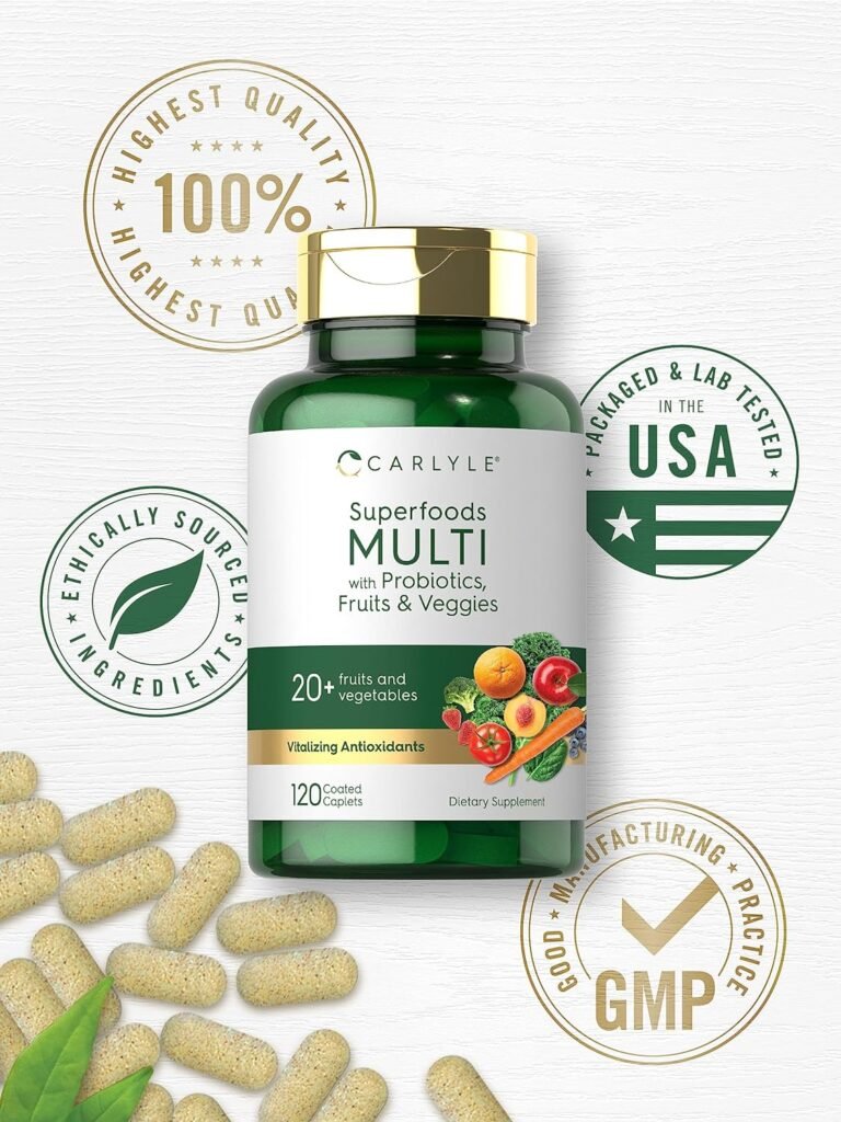 Fruits and Veggies Supplement | 120 Count | Superfood Multivitamin with Probiotics | Made with 20 Fruits and Vegetables | Non-GMO  Gluten Free Supplement | by Carlyle