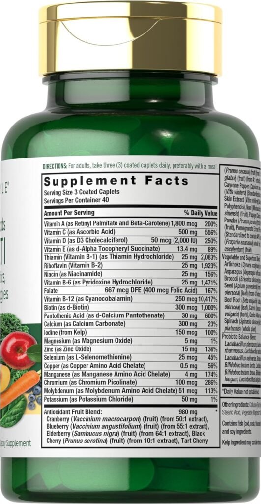 Fruits and Veggies Supplement | 120 Count | Superfood Multivitamin with Probiotics | Made with 20 Fruits and Vegetables | Non-GMO  Gluten Free Supplement | by Carlyle