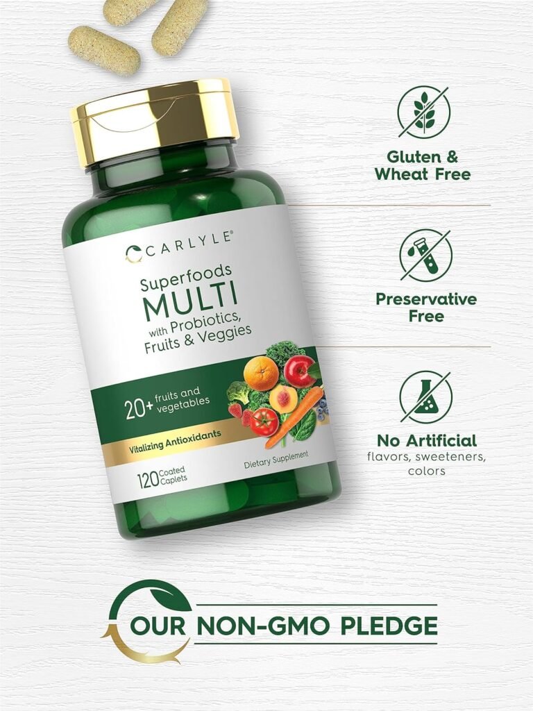 Fruits and Veggies Supplement | 120 Count | Superfood Multivitamin with Probiotics | Made with 20 Fruits and Vegetables | Non-GMO  Gluten Free Supplement | by Carlyle