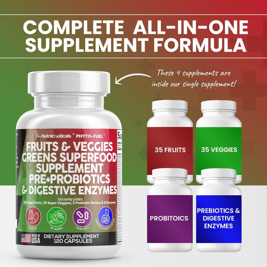 Fruits and Veggies Supplement Reds  Green Superfood - A Natural Balance of Over 70 Fruit and Vegetable Supplements Capsules with Probiotics Prebiotics Digestive Enzymes Nature Spirulina -120 Ct USA : Health  Household