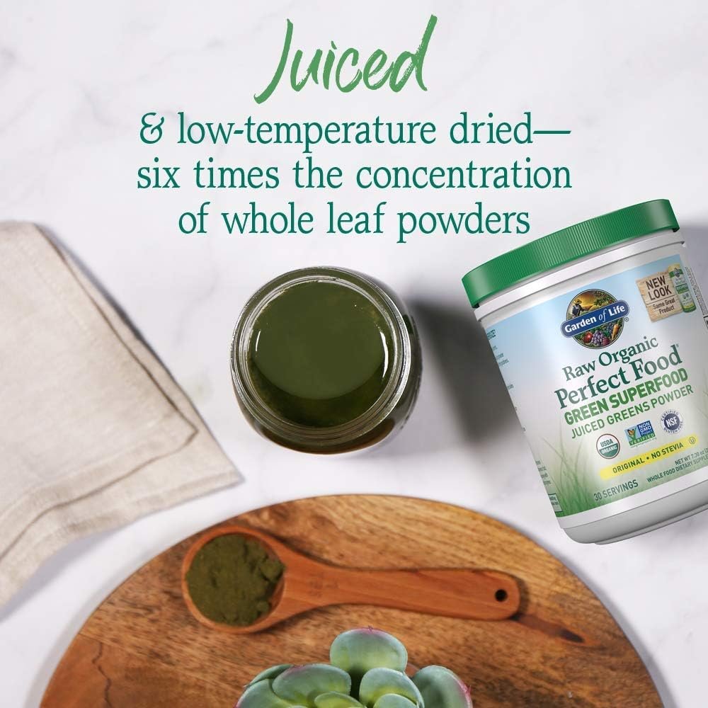 Garden of Life Raw Organic Perfect Food Green Superfood Juiced Greens Powder - Original Stevia-Free, 30 Servings, Non-GMO, Gluten Free Whole Food Dietary Supplement, Alkalize, Detoxify, Energize