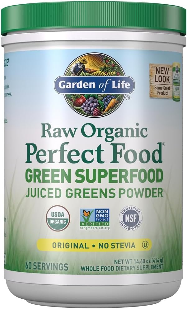 Garden of Life Raw Organic Perfect Food Green Superfood Juiced Greens Powder - Original Stevia-Free, 30 Servings, Non-GMO, Gluten Free Whole Food Dietary Supplement, Alkalize, Detoxify, Energize