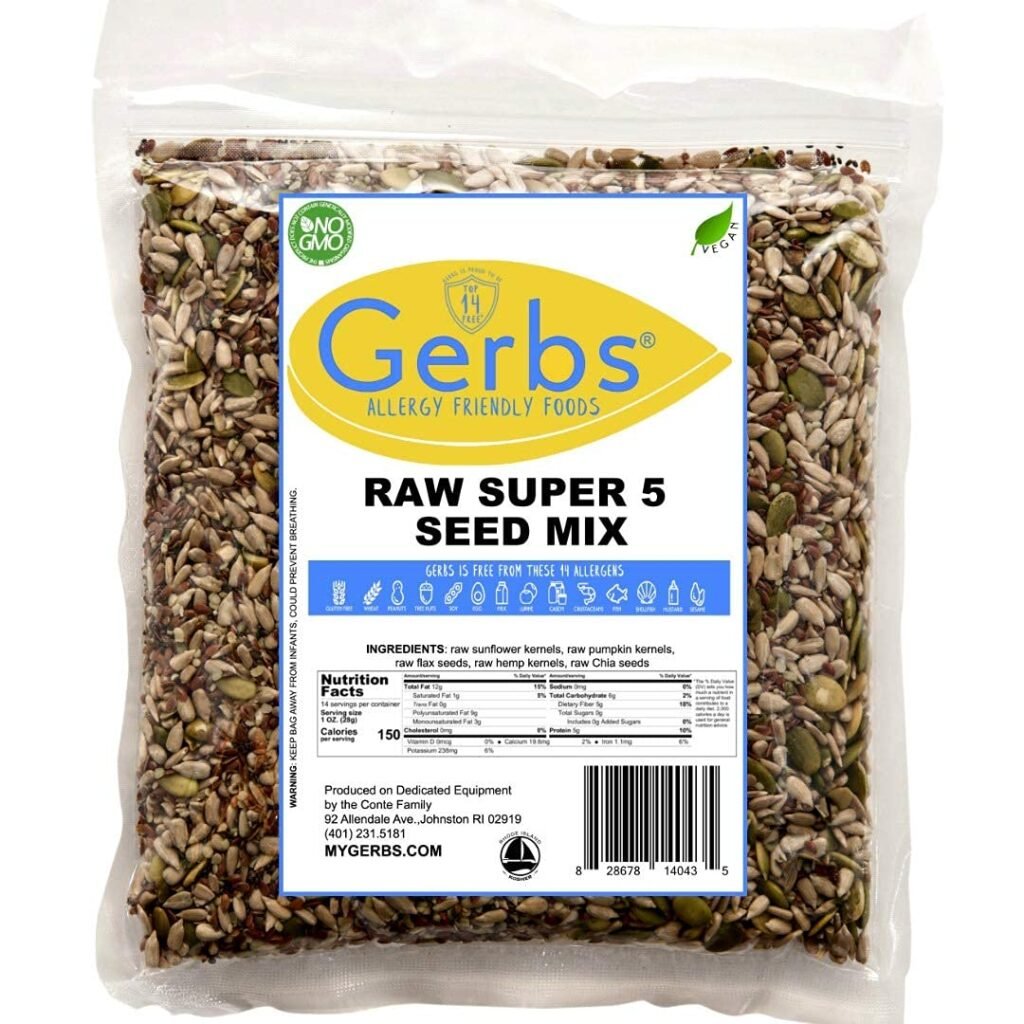 GERBS Super 5 Seed Snack Mix 2 LBS. Premium Grade | Top 14 Food Allergy Free | Resealable Bulk Bag | Made in USA | Raw Pumpkin Sunflower Chia Hemp Flax Seed Trail Mix | Gluten Peanut Tree Nut Free