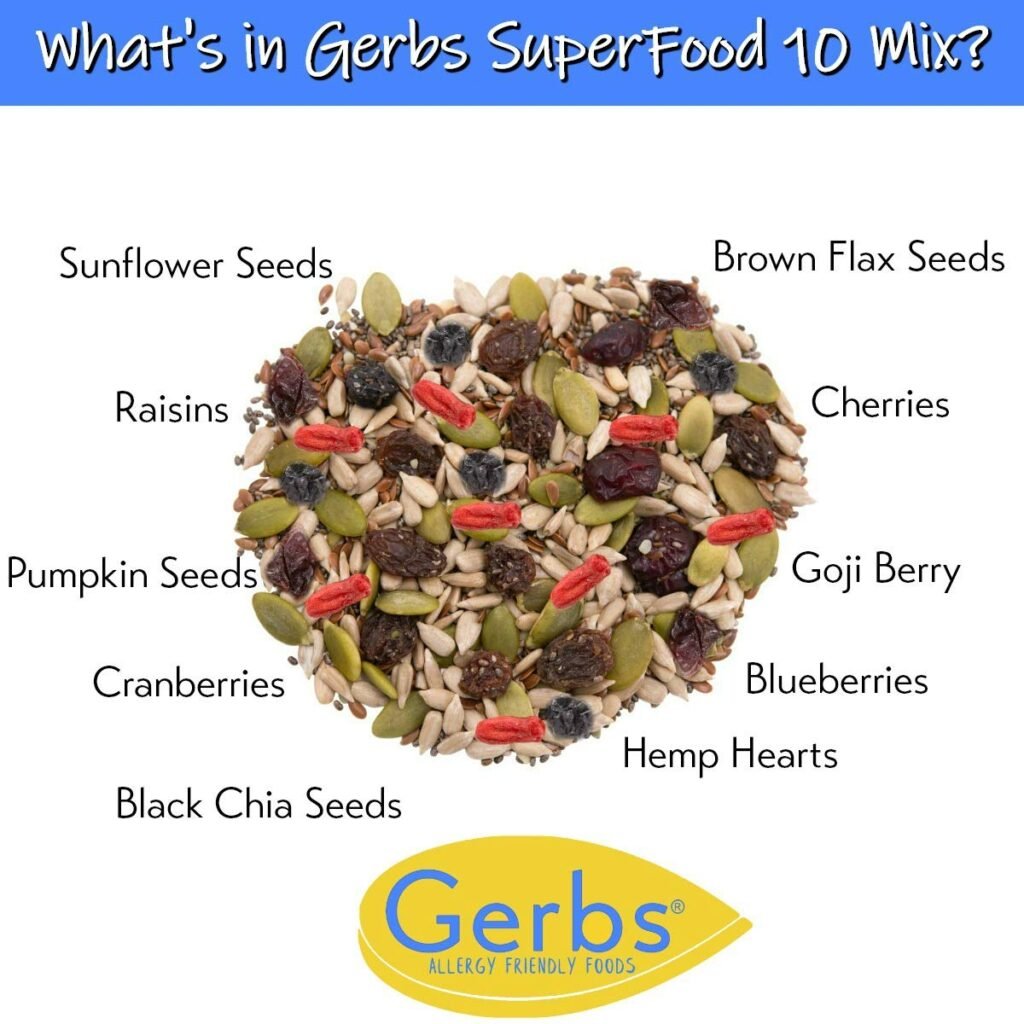 GERBS Superfood Snack Mix 2 LBS. | Top 14 Food Allergy Free | Bulk Bag | Made USA | Raw Pumpkin Sunflower Chia Hemp Brown Flax Seeds Dried Blueberries Cherries Cranberries Raisins Goji Berry Trail Mix