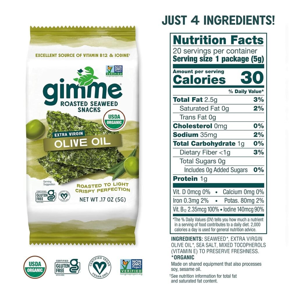 gimMe - Sea Salt - 20 Count - Organic Roasted Seaweed Sheets - Keto, Vegan, Gluten Free - Great Source of Iodine  Omega 3’s - Healthy On-The-Go Snack for Kids  Adults