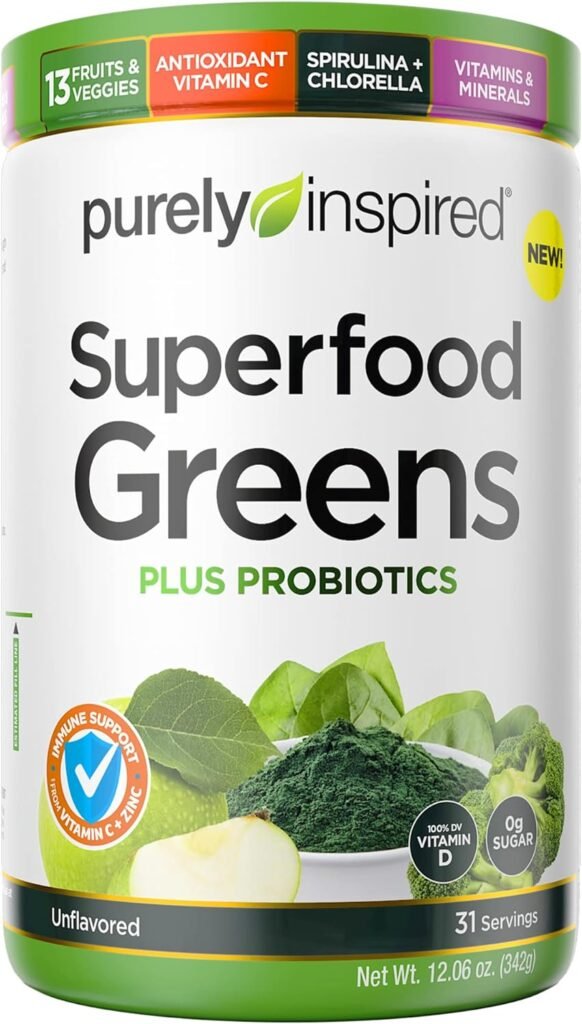 Greens Superfood Power, Purely Inspired Superfood Greens Powder, Vitamin C  Zinc for Immune Support + Vitamin D, Smoothie Mix, 13 Fruits  Vegetables, 31 Servings