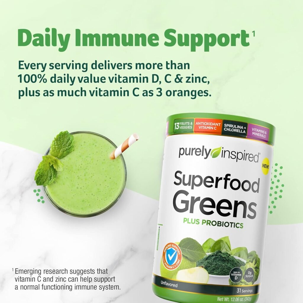 Greens Superfood Power, Purely Inspired Superfood Greens Powder, Vitamin C  Zinc for Immune Support + Vitamin D, Smoothie Mix, 13 Fruits  Vegetables, 31 Servings