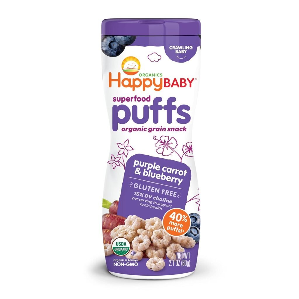 Happy Baby Organics Superfood Puffs, Purple Carrot  Blueberry, 2.1 Ounce (Pack of 6) packaging may vary