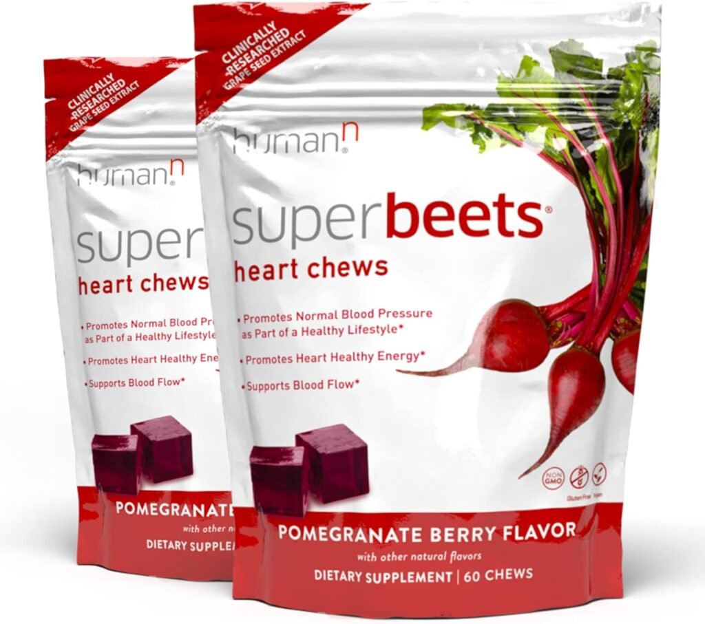 humanN SuperBeets Heart Chews - Nitric Oxide Production and Blood Pressure Support - Grape Seed Extract  Non-GMO Beet Energy Chews - Pomegranate Berry Flavor - 60 Count