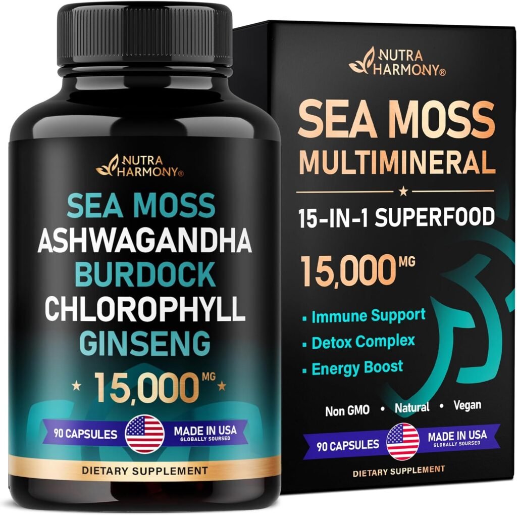 Irish Sea Moss | Ashwagandha | Burdock Root | Chlorophyll | Bladderwrack - Made in USA Pills - Natural Multi Supplements Blend - Immunity, Detox  Energy Support - 15000mg, 90 Vegan Capsules