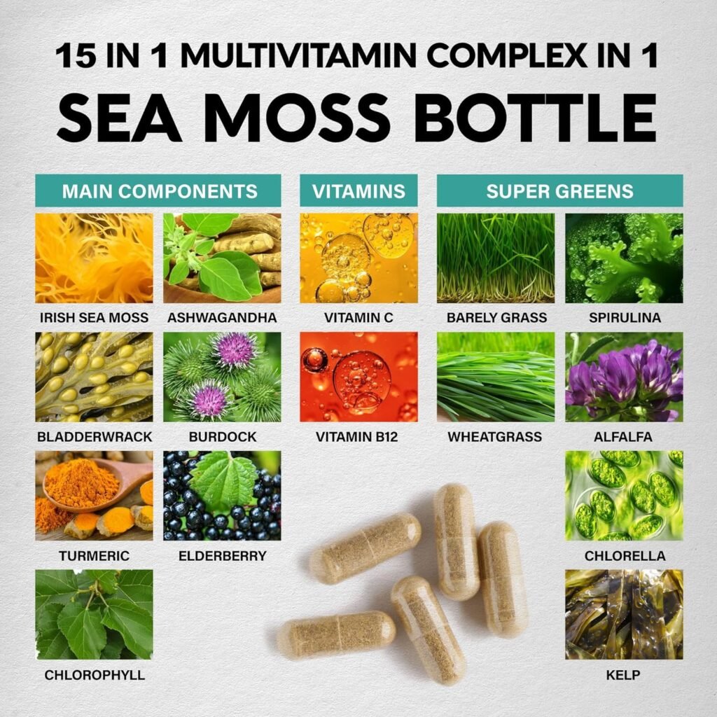 Irish Sea Moss | Ashwagandha | Burdock Root | Chlorophyll | Bladderwrack - Made in USA Pills - Natural Multi Supplements Blend - Immunity, Detox  Energy Support - 15000mg, 90 Vegan Capsules