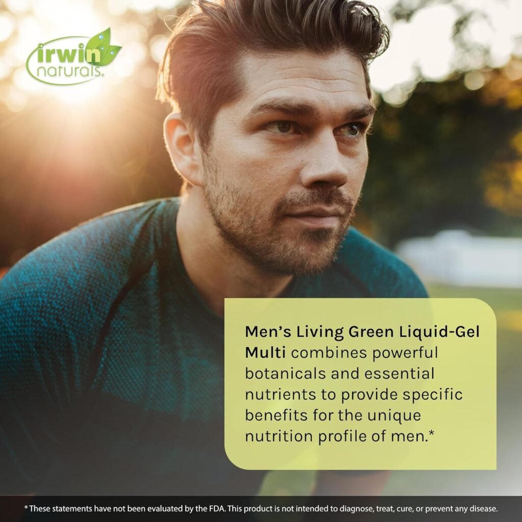 Irwin Naturals Mens Living Green Liquid-Gel Multi - 70 Essential Nutrients, Full-Spectrum Vitamins, Wholefood Blend - Targeted Adrenal  Brain Support - 120 Liquid Softgels