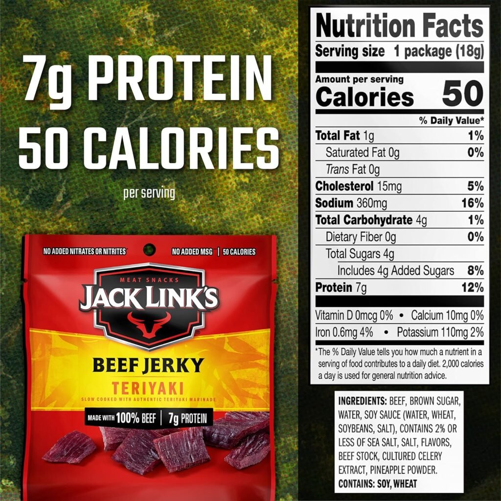 Jack Links Beef Jerky, Teriyaki - Flavorful Meat Snack for Lunches, Ready to Eat Snacks - 7g of Protein, Made with Premium Beef - 0.625 Oz Bags (Pack of 5)