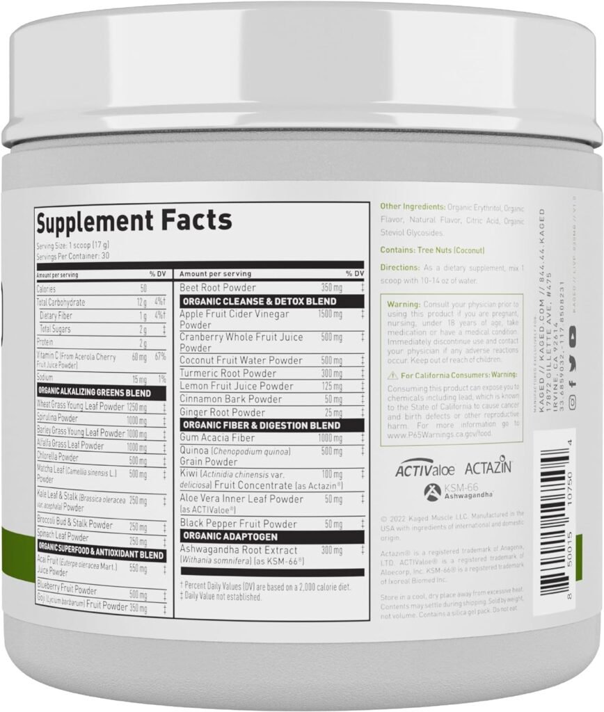 Kaged Organic Greens Superfood Powder | Berry | Wellness with Supergreens | Apple Cider Vinegar | Ashwaghanda | 30 Servings